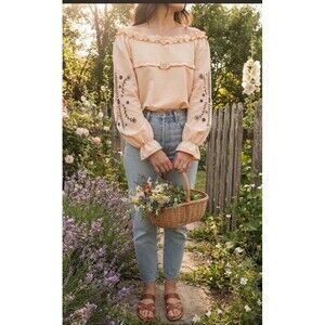 Boho Floral Embroidered Peasant Sz 2X Blouse Womens Cream Ruffle Cottagecore Top